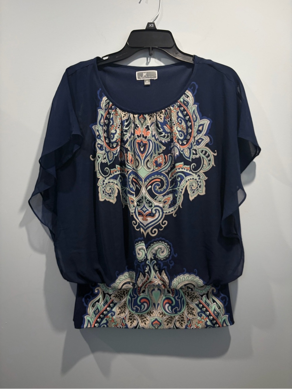 JM Collection Navy Blue Paisley Short Sleeve Blouson Top Sz XS